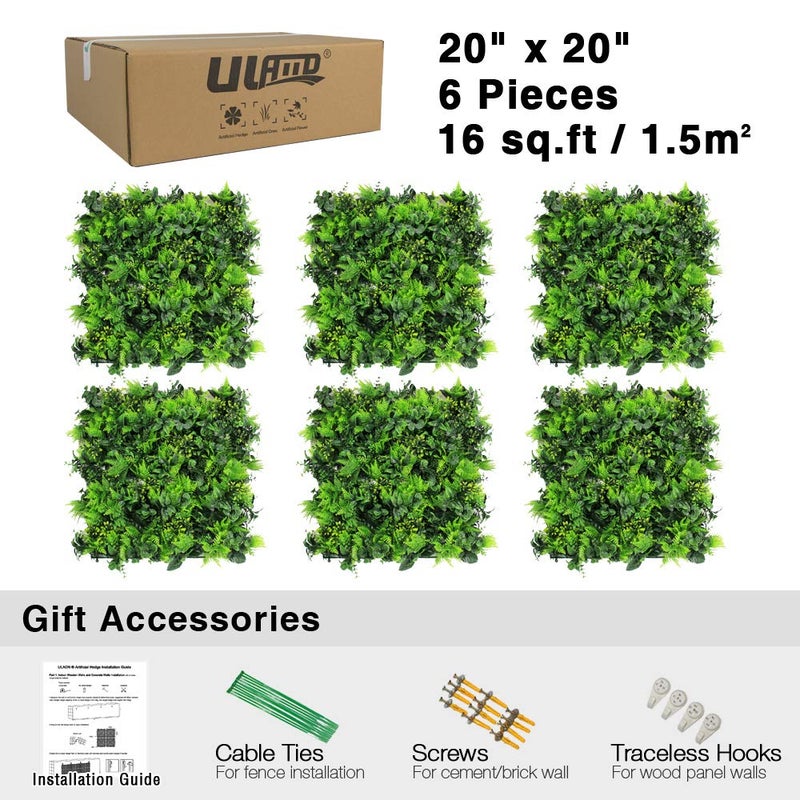 U LAND ULAND Artificial Topiary Hedges Panels, Plastic Faux Shrubs Fence Mat, Greenery Wall Backdrop Decor, Garden Privacy Screen Fence, Pack of 6pcs 20"x20" - Image 2